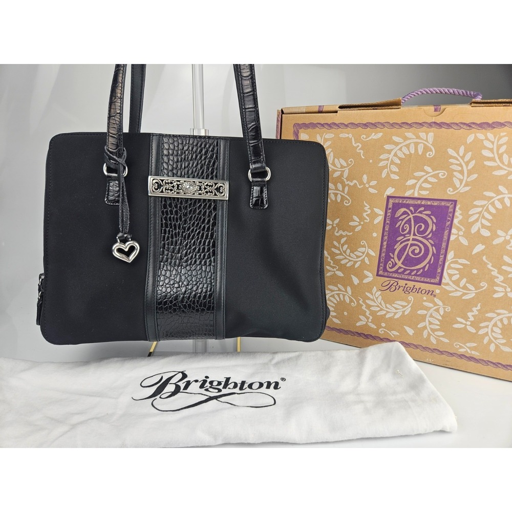 Brighton Matilda Organizer Tote Black Croc Trim Bag w Box Dustbag Charm‎
